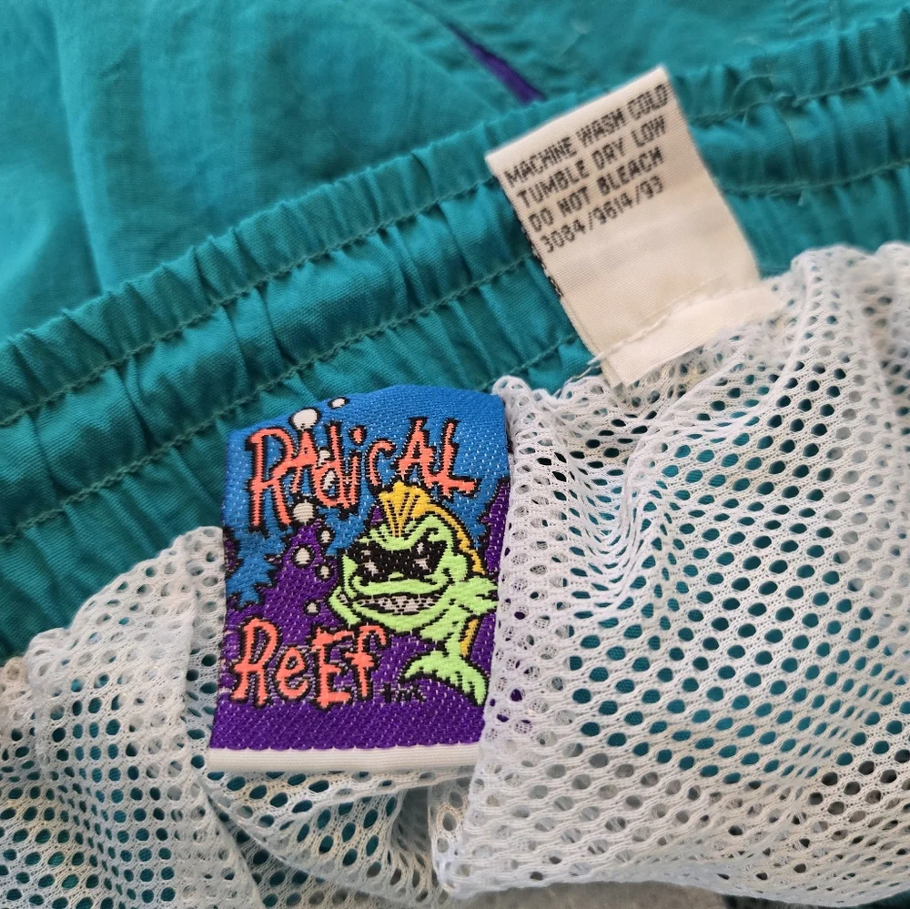 Vintage 1990s Radical Reef Teal and Purple Volleyball Swim Trunks